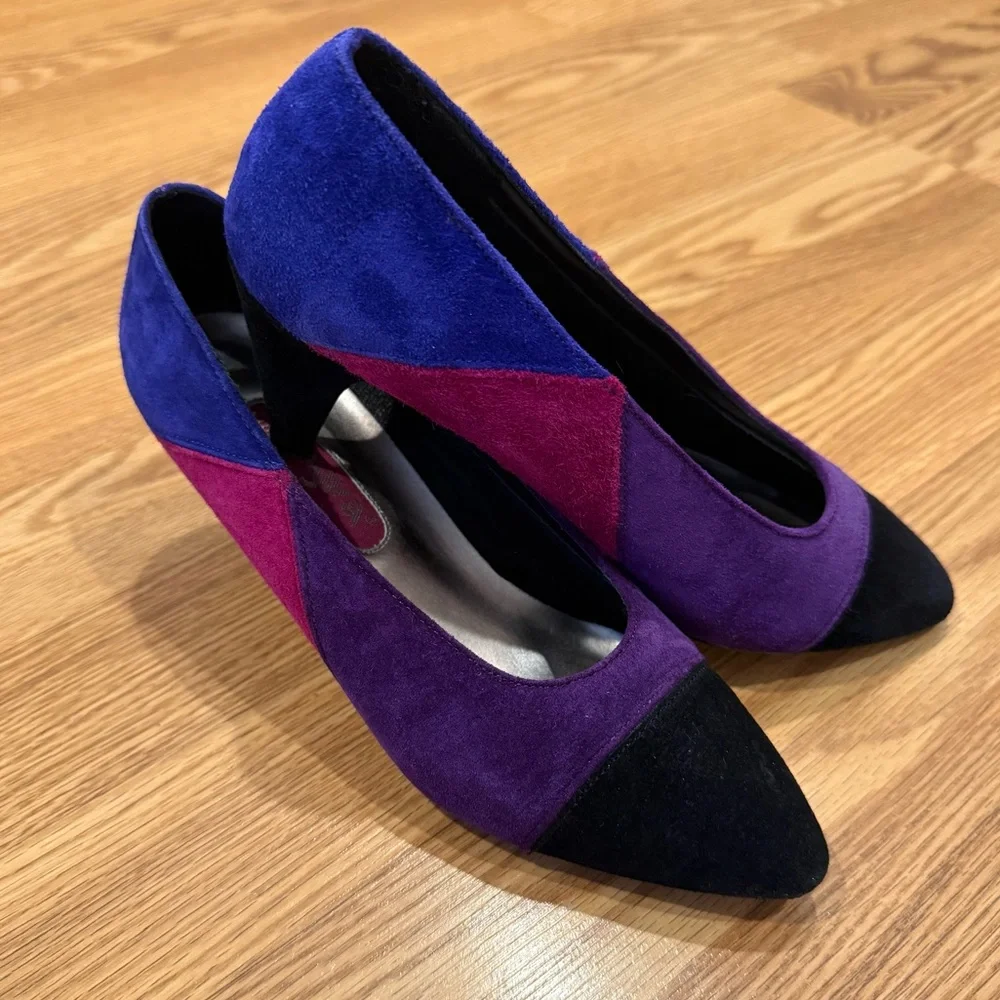 Vintage Fayva Suede Colorblock Purple Blue Black Pumps‎ sz 6 M